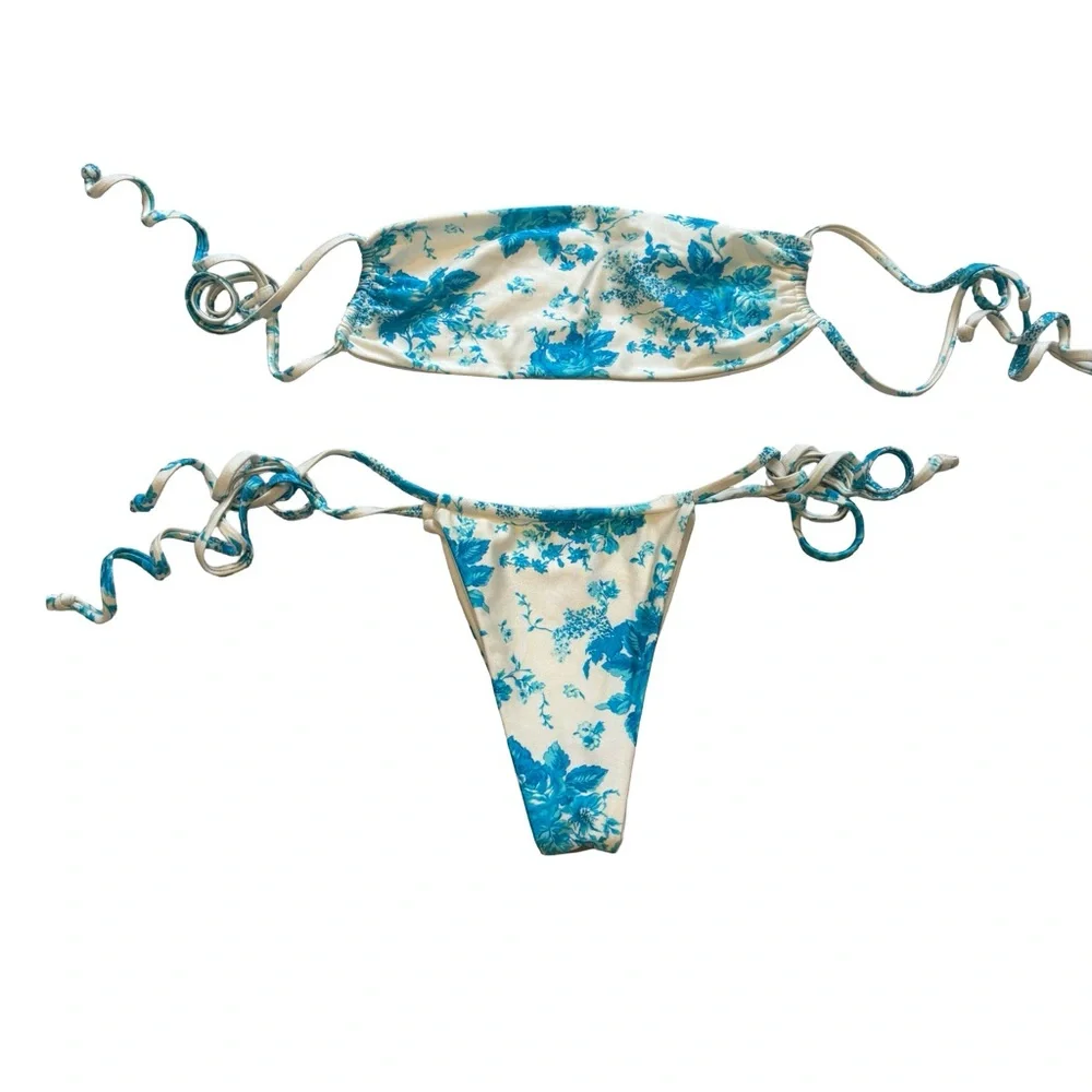 Frankie’s Bikini Kailyn Bandeau/Tia String Bikini Bottom English Tea Rose, Sz M